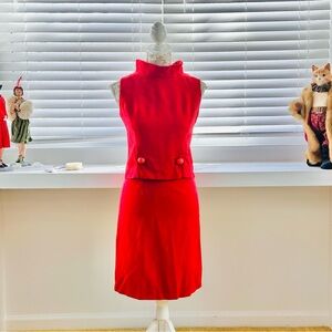 Vintage MCM Red 2 Piece Jackie O Top and Skirt Size XS by Sue Brett.